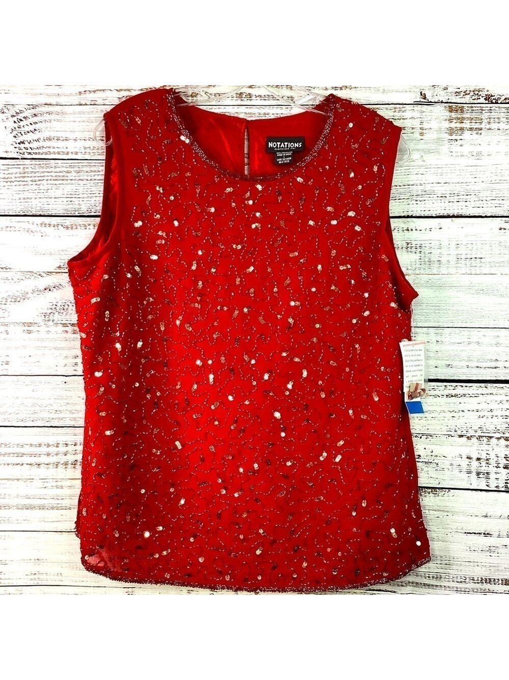 NOTATIONS SIZE L RED TOP EMBELLISHED SEQUINS BEADS BLOUSE VALENTINES DAY‎ NWT